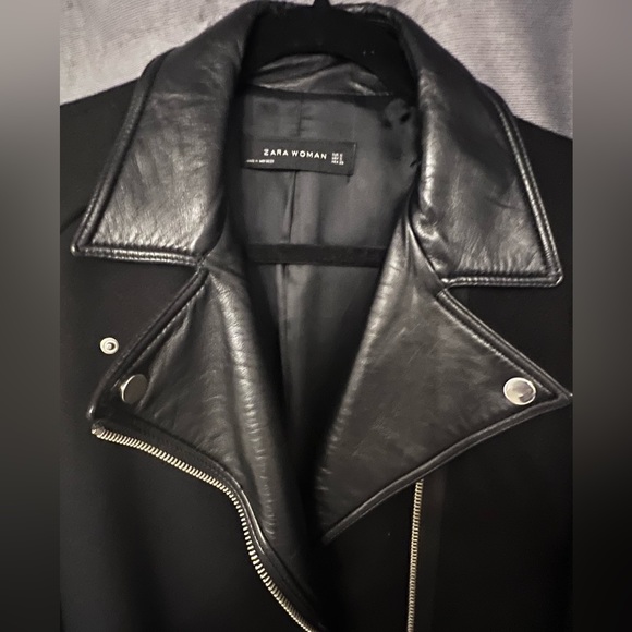 Black Wool Biker Coat with Lambskin Collar - Picture 4 of 9